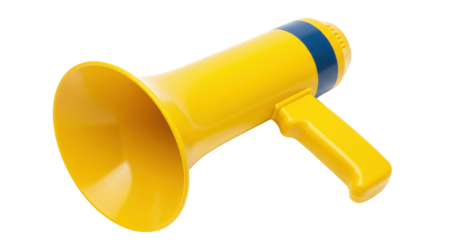 Yellow megaphone isolated on transparent background, bullhorn with blue accent for cheerleading and emergency use PNG