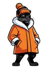 Panther in winter clothes with orange coat and wool hat isolated on white background. Winter clothes apparel for black panther with fur hood on coat and bright knit beanie.
