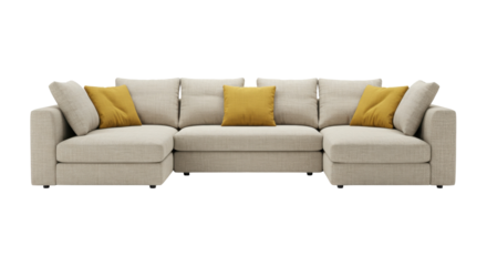 Modular U-shaped sofa with yellow pillows isolated on white, modern couch for living room interior design