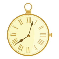 Golden pocket watch, isolated on white background. Vintage pocket clock with roman numerals. Old pocket watch