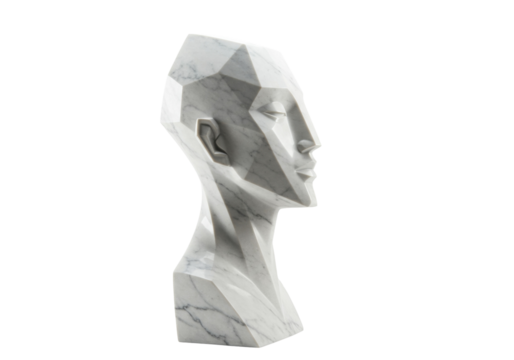 Geometric marble head sculpture isolated on white, modern art bust with polygonal design for home decor and artistic display