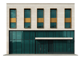 Fototapeta premium Modern office building facade isolated on white, contemporary architecture with glass windows and stone cladding for commercial real estate design