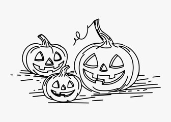 A set of funny and scary pumpkins drawn in line art style.