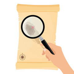 Pirate treasure map through magnifying glass. Old papyrus paper scroll with wind rose symbol, isolated on white background. Treasure hunting game, quest