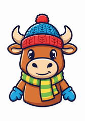 Fototapeta premium Cartoon cow wearing winter clothes, adorned with a knitted hat and scarf, displays its charm. Cartoon cow in winter clothes looks cozy and ready for cold weather.