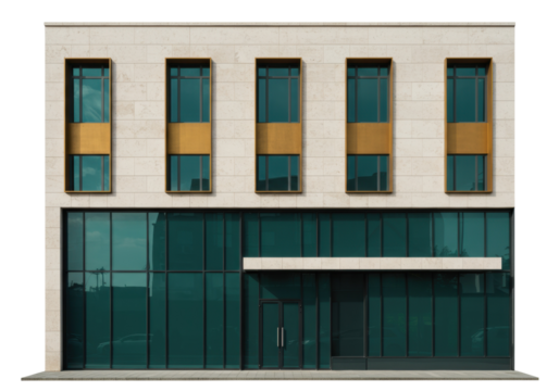 Modern office building facade isolated on white, contemporary architecture with glass windows and stone cladding for commercial real estate design