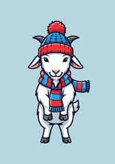 Fototapeta premium Cartoon goat wearing winter clothes with blue and red scarf and hat. Winter clothes are festive and cozy, with charming goat character standing upright.