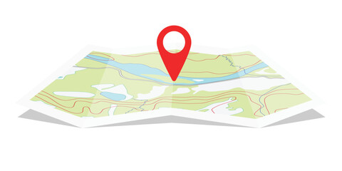 Folded topographic map with red location pin marker, isolated on white background