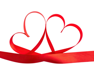 Two interwoven red ribbon hearts on a black background, symbolic of love