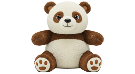 Adorable brown and white panda bear plush toy isolated PNG, cute stuffed animal for kids and collectors on transparent background