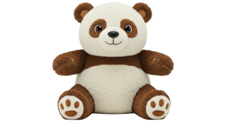 Adorable brown and white panda bear plush toy isolated PNG, cute stuffed animal for kids and collectors on transparent background