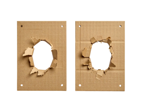 Two cardboard rectangles with holes and torn edges, held together by tiny fasteners