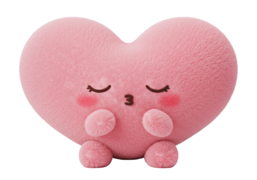 Pink heart-shaped plush toy isolated on transparent background, cute kawaii style pillow for Valentine s Day gift and decoration