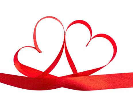 Two interwoven red ribbon hearts on a black background, symbolic of love