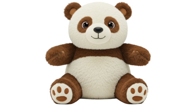 Adorable brown and white panda bear plush toy isolated PNG, cute stuffed animal for kids and collectors on transparent background