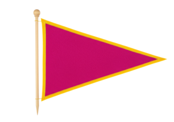 Crimson pennant flag with gold trim isolated on transparent PNG, triangular banner for sports team or nautical signal