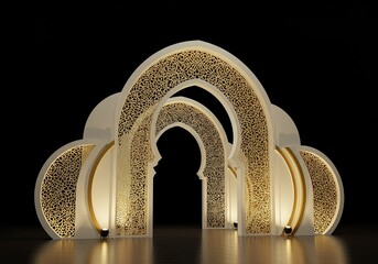 Elegant Islamic Archway Design with Intricate Gold Pattern on a Dark Background