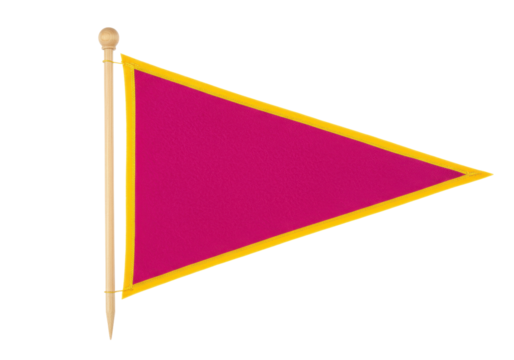 Crimson pennant flag with gold trim isolated on transparent PNG, triangular banner for sports team or nautical signal