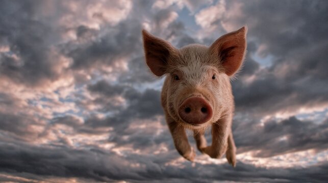 Flying pig leaps through a dramatic sky highlighting surreal elements of nature and imagination