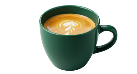 Green mug with latte art, isolated coffee drink on a clean background for cafe menu and advertising
