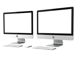 Two silver-bodied desktop computers side-by-side with attached keyboards and mice