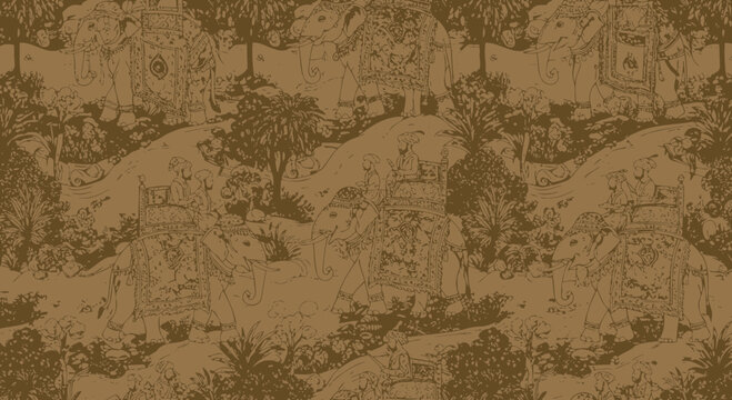 Vintage elephant procession pattern evoking historical indian travel themes