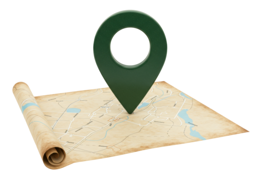 Green map pointer on old paper map isolated, location pin PNG for travel planning and navigation apps