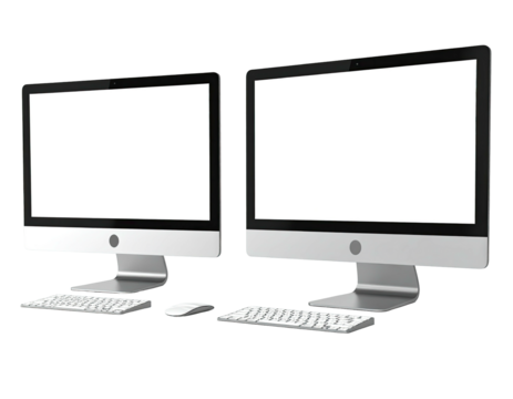 Two silver-bodied desktop computers side-by-side with attached keyboards and mice