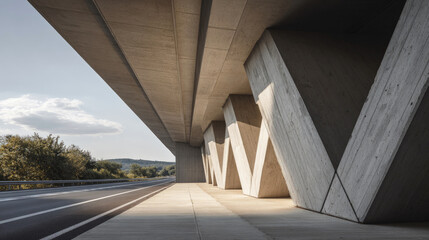 Fototapeta premium Modern concrete bridge structure with geometric supports over empty highway, showcasing architecture, engineering and urban infrastructure design.
