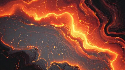 A flowing, abstract view of glowing, fiery magma over cool, dark, swirling stone-like formations