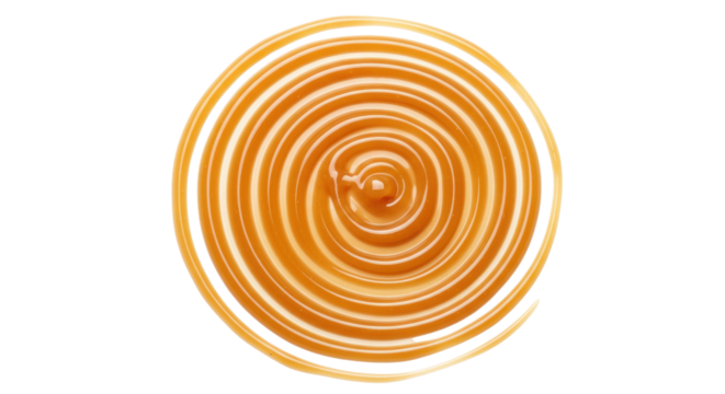 Caramel sauce swirl isolated on transparent background, sweet dessert topping for ice cream and confectionery use