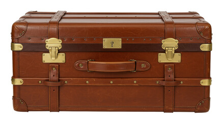 Vintage brown leather steamer trunk isolated, antique luggage with brass hardware for travel and storage PNG