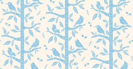 scandi block print woodland trees and cute birds stripes seamless pattern  in soft baby blue and cream, vector illustration  hand drawn nordic forest repeat design print