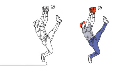 Vector illustration of a baseball player making a high jump catch with a glove, showing action, skill, and athletic movement, competition themes, and baseball artwork emphasizing energy