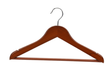Wooden coat hanger isolated on transparent background, clothing storage and organization accessory for wardrobe and closet