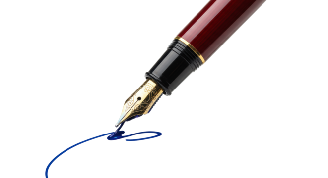 Fountain pen writing with blue ink isolated on transparent background, elegant stationery for calligraphy and design use PNG