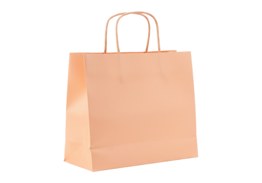 Peach paper shopping bag isolated on white, blank gift bag for retail, merchandise, or takeaway, PNG