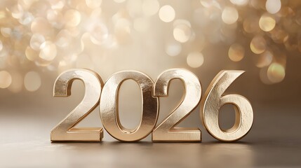 Happy New Year 2026. Golden numbers 2026 on a golden bokeh background.