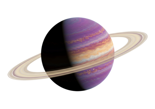 Striking purple planet with rings isolated on transparent PNG, celestial body with swirling patterns and cosmic beauty for space exploration