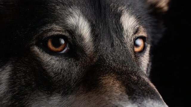 Captivating Canine Gaze: A stunning close-up of a dog's expressive eyes, reflecting wisdom, loyalty, and unconditional affection against a stark black backdrop.