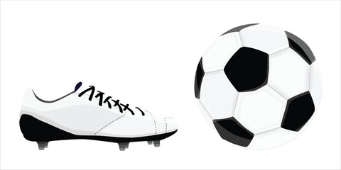 Football ball and white soccer sport shoe, isolated on white background