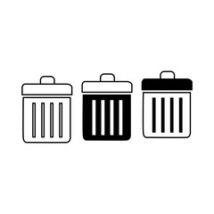 Three trash cans isolated on a white background. They represent waste management and recycling. The image is clean and simple, making it perfect for use in web design.