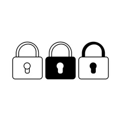 Three padlocks are arranged in a row. The middle one is black, while the other two are white outlines. The image is isolated on a white background. 