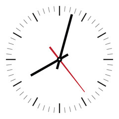 Elegant wall clock, isolated on white background. Clock on wall shows eight o'clock. Slim round analog clock