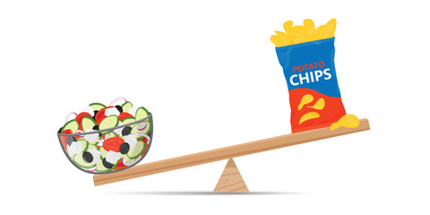Healthy food and junk food balance on scale. Healthy vs junk food balance – package of potato chips and salad