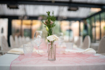 Elegant private event venue meticulously prepared for an upcoming lunch gathering with beautifully adorned tables and sophisticated decor details