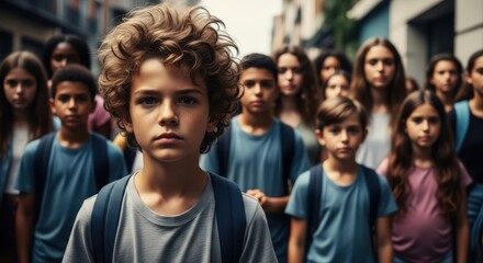 Fototapeta premium A group of diverse children walking together in a city street