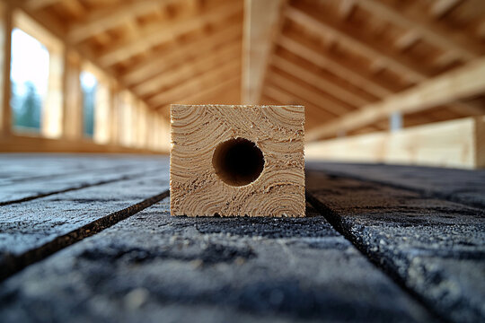 A close-up image of a piece of wood with a hole at the center, placed on a wooden surface. The background shows a construction setting with beams visible.