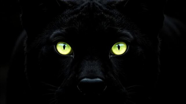 Intense gaze of a black panther with piercing green eyes in darkness