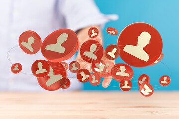 Hand presenting 3D social network icons. Illustrates connection, communication, and networking in digital age. 144 characters or less.